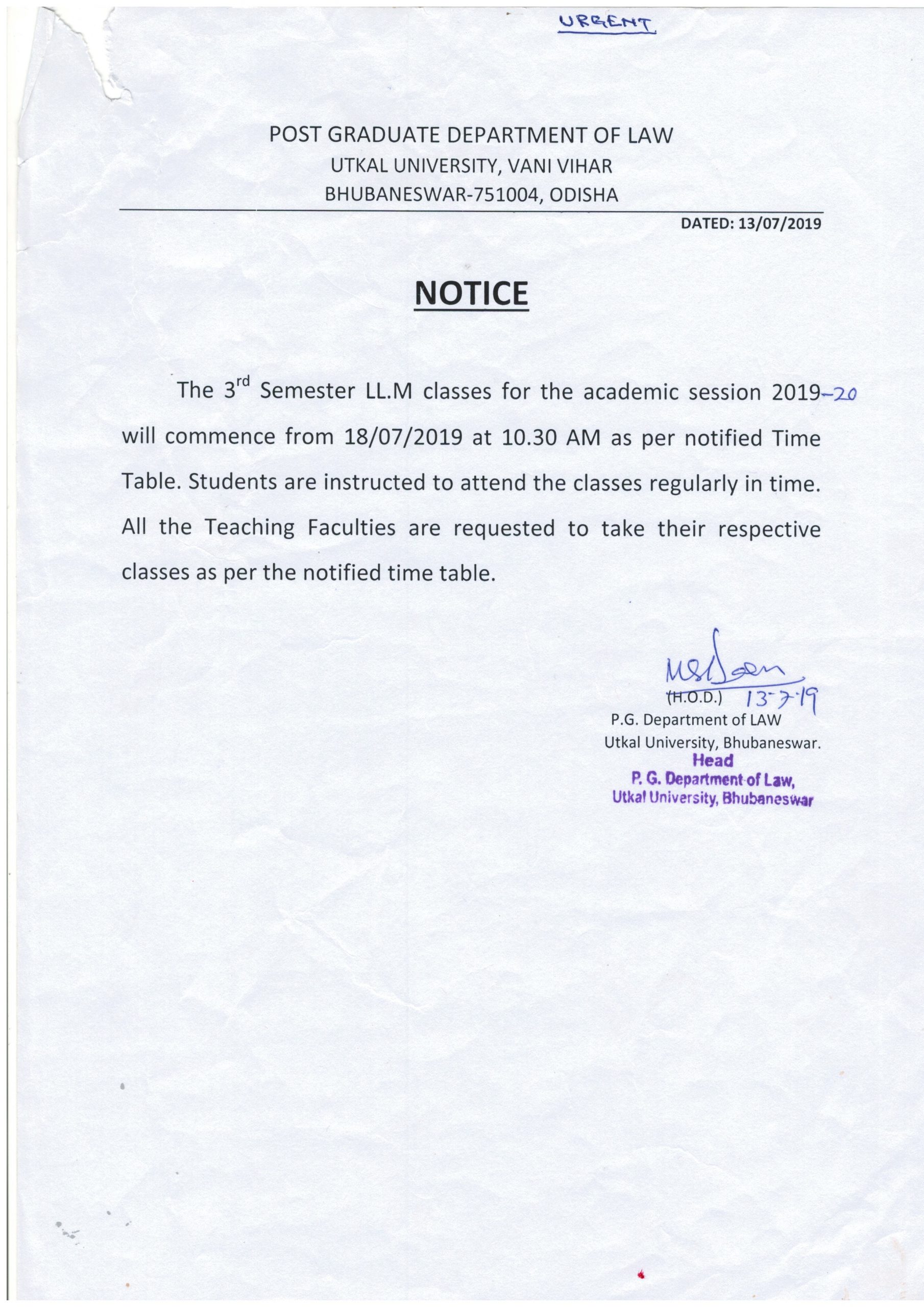 Class Attendence for LL.M 3rd Sem. 2019-20