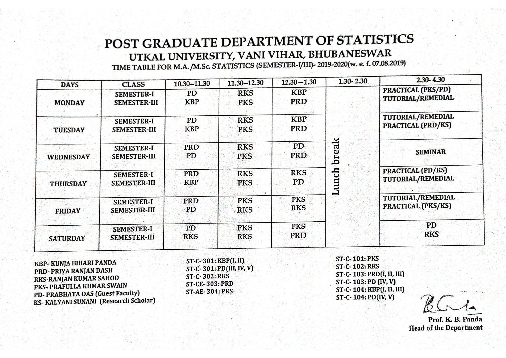 Time Table for M.A. M.Sc 1st & 3rd Sem 2019-20