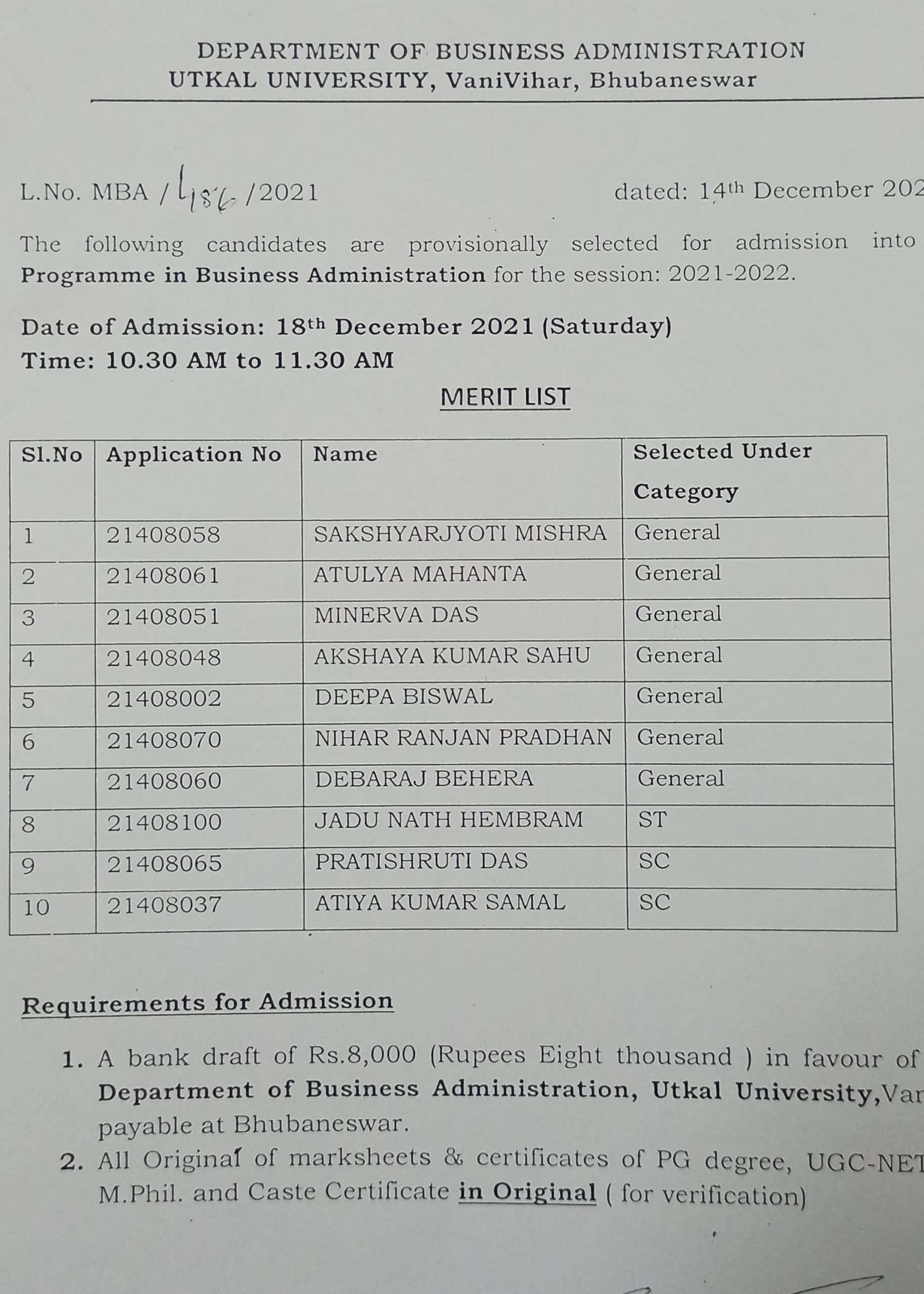 Candidates are selected for admission 2021