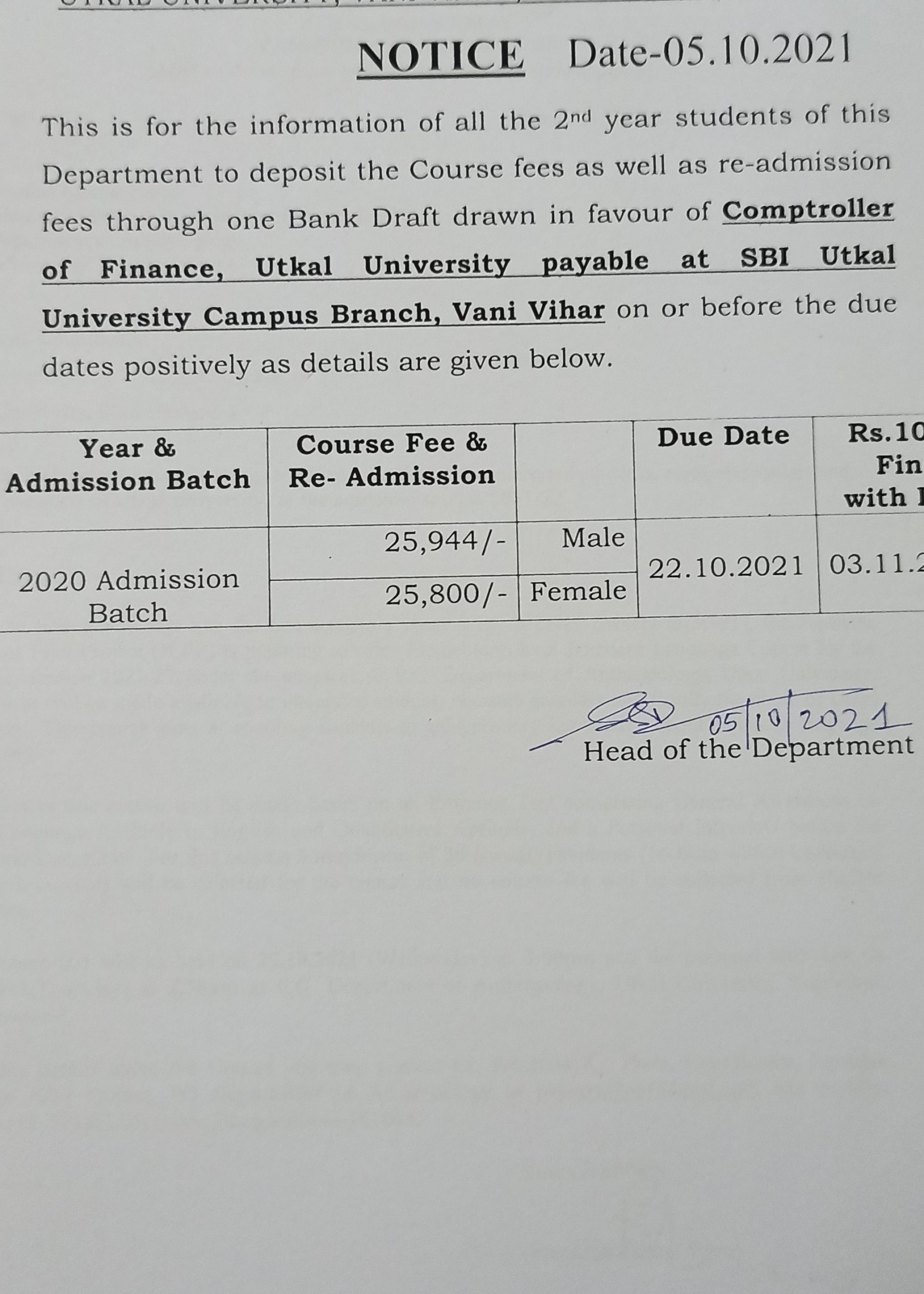 Deposite Course Fee for Re-admission 2021