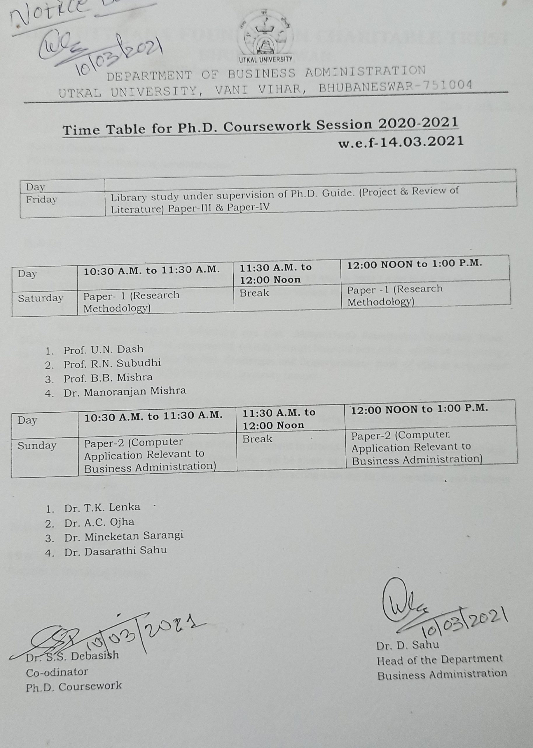 Time Table for Ph.D Coursework 2020-21