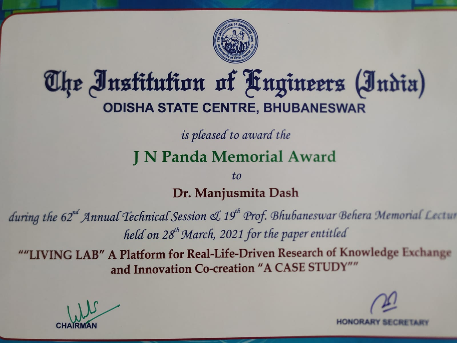 JN Panda Memorial Award to Dr. Manju Smita Dash 2021