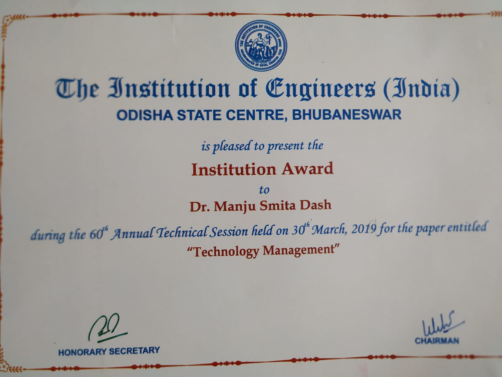 Institution Award to Dr. Manju Smita Dash 2019