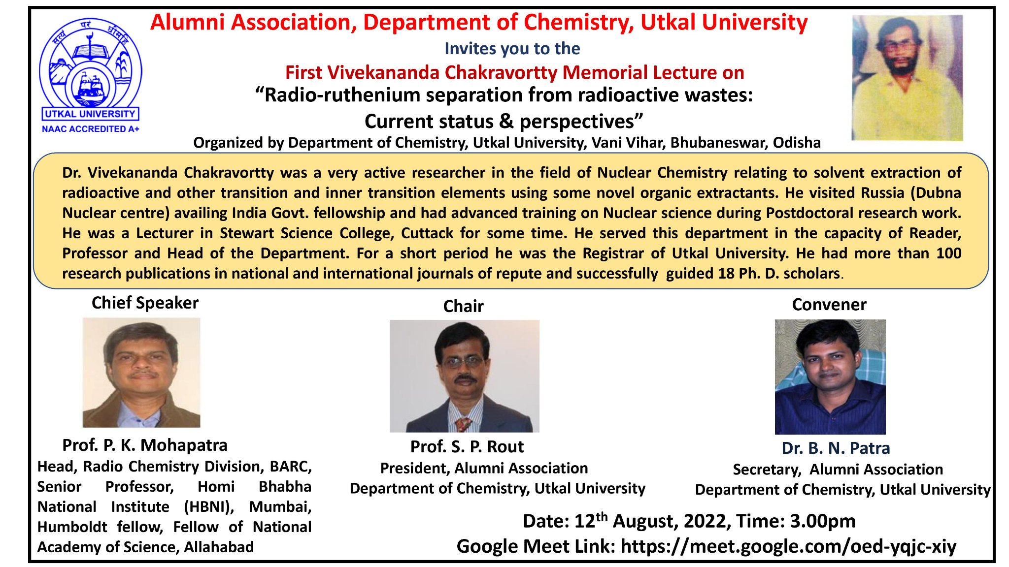 Faculty Memorial lecture on 12.08.2022 (Prof. V. Chakravortty)