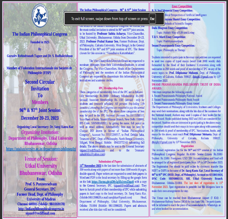  Indian Philosophical Congress Organized by Dept. Of Philosophy - 2023