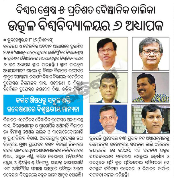 Six Utkal University faculty members featured among the World’s Top 5% Scientists in the Science-Rank Global Registry 2025, recognising their outstanding research impact and scholarly contributions